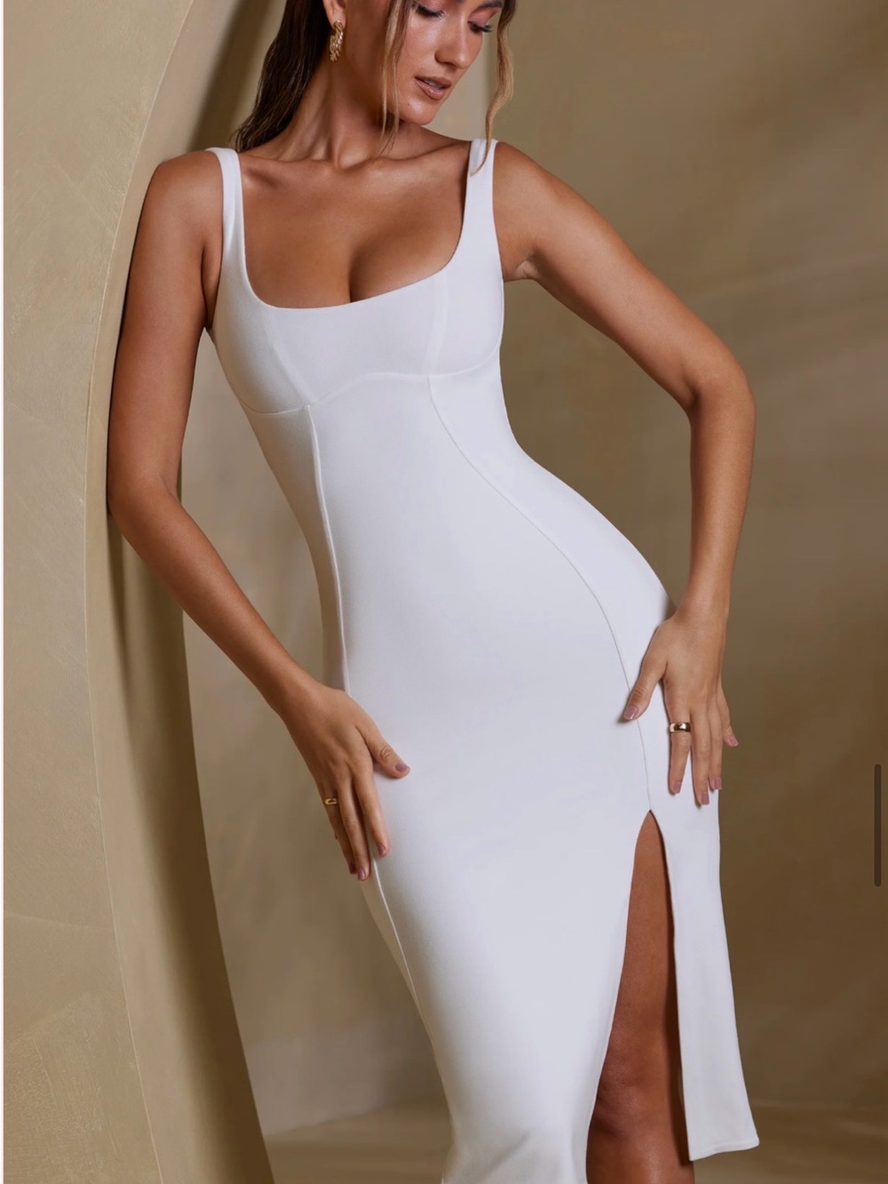 NWT Oh Polly Square Neck Bodycon Midi Dress White TENCEL Modal, Size US 8 - Picture 2 of 4